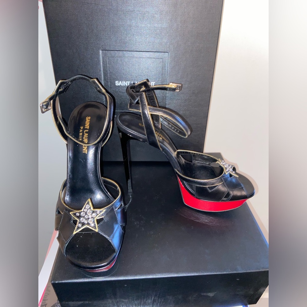 Saint Laurent Studded Crystal Star Platform Sandals in Black, Red & Gold, EU 40